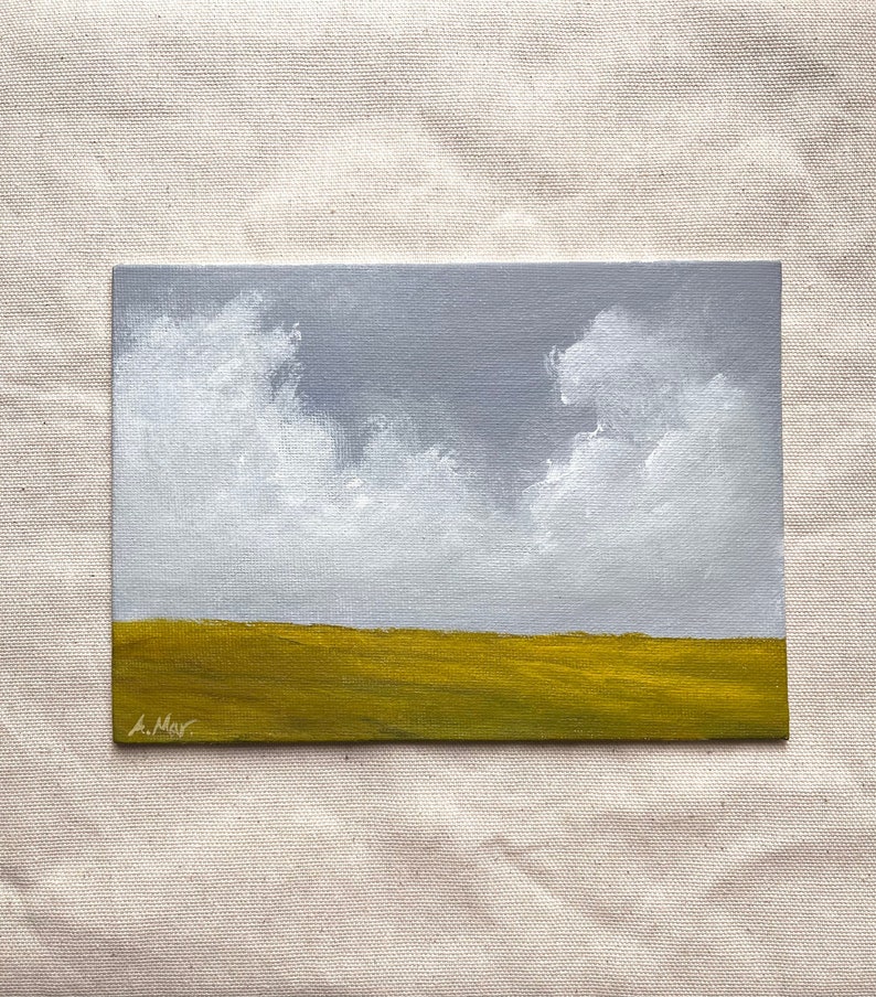 Original moody landscape painting small, Countryside landscape painting, Original acrylic artwork, Small painting on 5x7 canvas, image 1