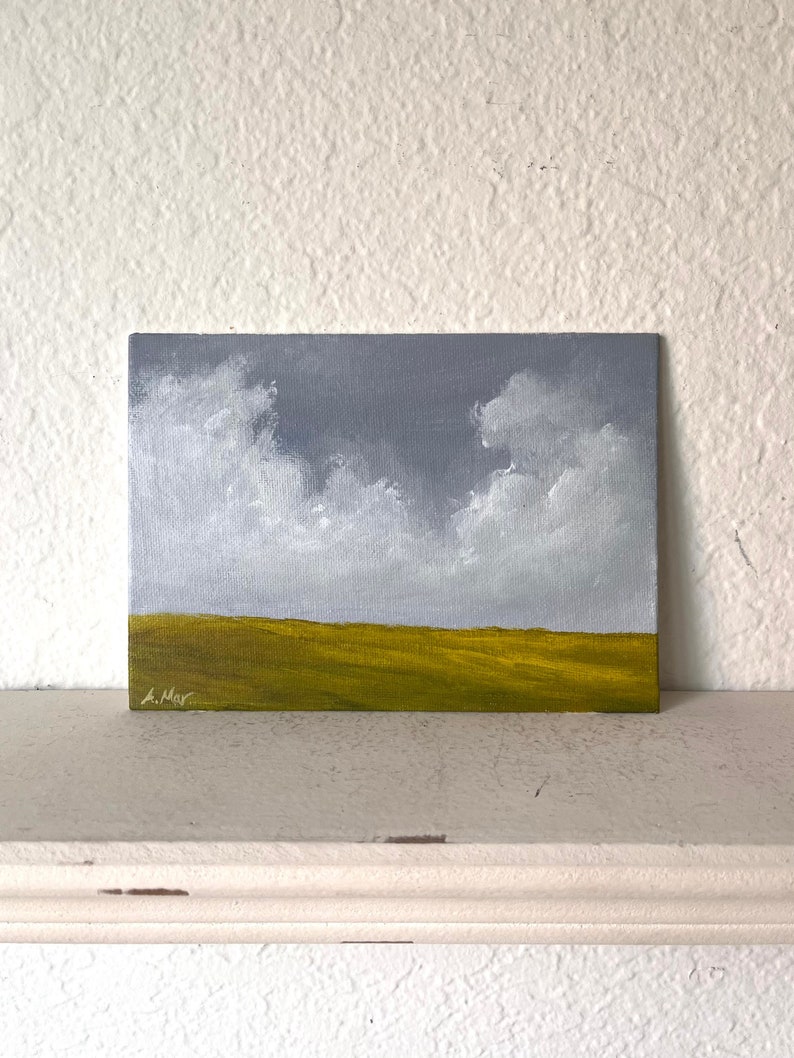 Original moody landscape painting small, Countryside landscape painting, Original acrylic artwork, Small painting on 5x7 canvas, image 2