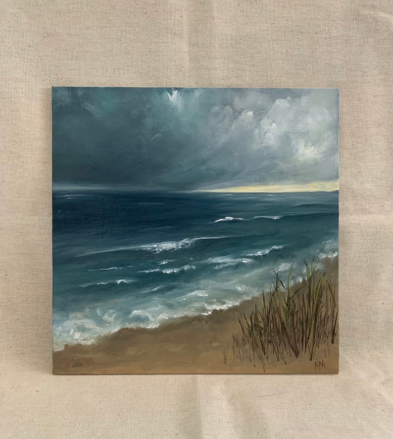 Peinture originale de paysage marin à l'huile, peinture de plage orageuse, huile sur toile 8 x 8, paysage marin de mauvaise humeur, peinture nuageuse sombre, peinture de mauvaise humeur de l'océan image 2