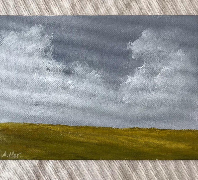 Original moody landscape painting small, Countryside landscape painting, Original acrylic artwork, Small painting on 5x7 canvas, image 3