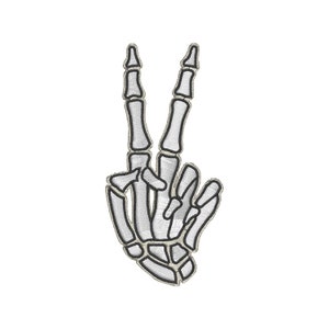 May include: Embroidered patch featuring a skeletal hand making a peace sign. The design is white with black outlining, showcasing the bones in detail. Ideal for jackets, bags, or other fabric items.