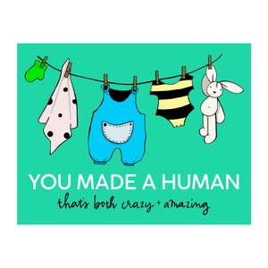 Corde à linge graphique avec carte de vêtements pour bébé - Enveloppe - Vierge à l'intérieur - Baby Shower - "Vous avez fait un humain... c'est à la fois fou et incroyable"