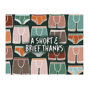Boxers graphiques Slips Sous-vêtements sur une carte de remerciement - Enveloppe - Blanc à l’intérieur - Carte de vœux Pun - « Un court et bref merci »