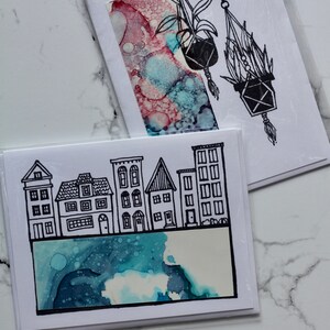 Cartes pour toutes les occasions | Cartes de vœux uniques à dessin et à encre alcoolisées fabriquées à la main avec intérieur vierge | Des cartes pour tout