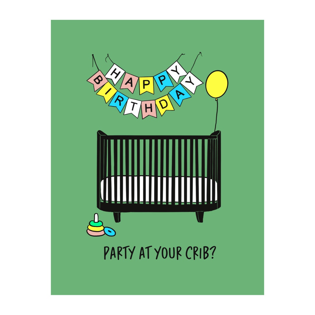 Graphic Crib With a Balloon on a Flat Birthday Card With Envelope Happy