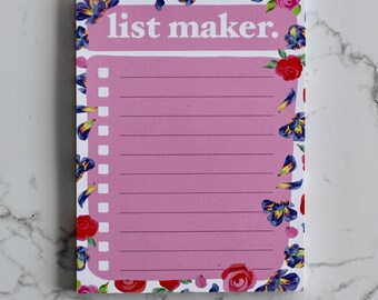 Aesthetic Stationary | Cute To Do List Notepad | “List Maker” with Roses and Violets | Checkmark Boxes and Lines | Pink and White Graphics