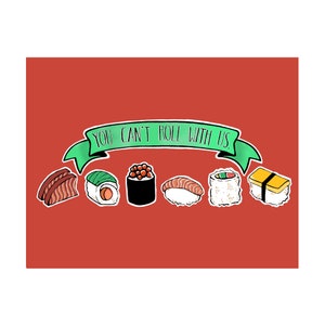 Carte de vœux graphique sushi avec enveloppe - Vierge à l’intérieur - Cartes de notes - Cartes-cadeaux - Carte toutes occasions - « vous ne pouvez pas rouler avec nous »