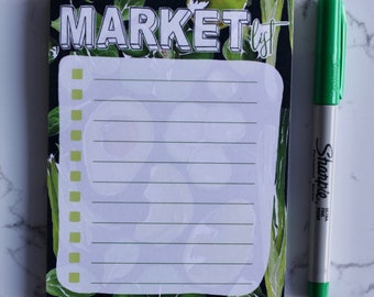Aesthetic Stationary | Cute Grocery Shopping List Notepad | “Market List” with Magnet | Checkmark Boxes and Lines | Black and Green Graphics