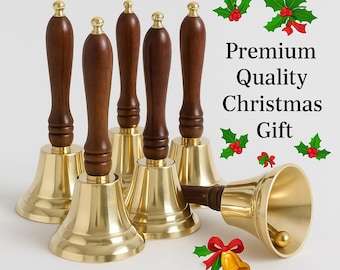 Personalized Brass Hand Bell with Wooden Handle | Custom Engraved Desk Bell | Handmade Solid Brass Christmas Gift | Vintage Home Decor Gift
