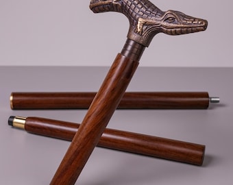 Personalized Crocodile Walking Stick, Unique Crocodile Head Handle Handmade Foldable Stick. Floral Design Wooden Cane Gift for Grandparents
