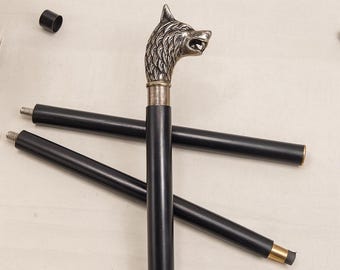 Bengala com cabeça de lobo, bastão com gravação personalizada, bengala com cabo de animal, bastão gótico, presente de lobo para ele, bengala de caminhada, presente de aniversário