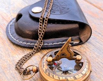 Cadran Solaire Vintage Boussole Laiton Avec Étui Cuir – Boussole Gravée Push, Cadeau Idéal Camping Randonnée Homme
