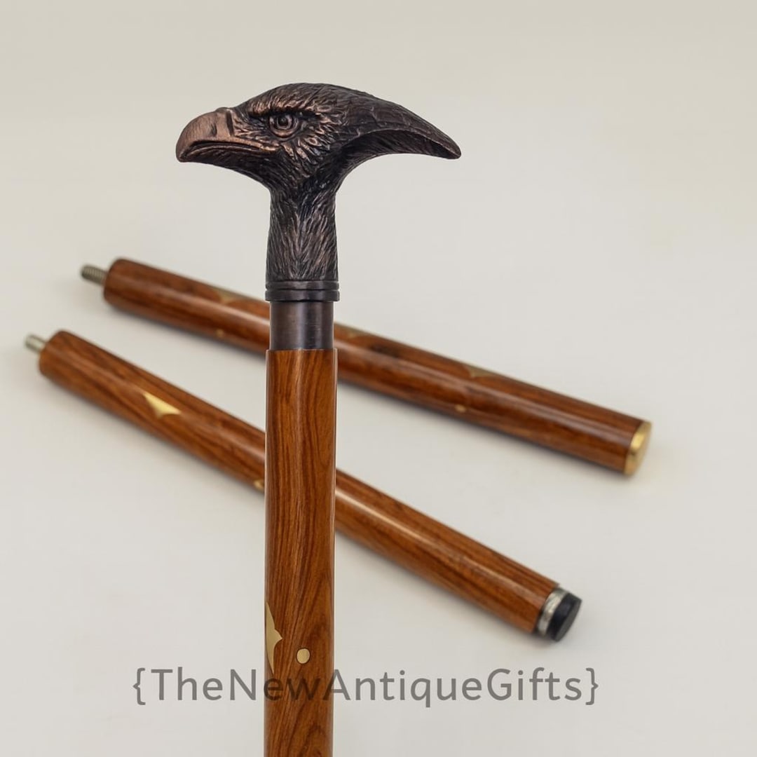 Stylized Stick Handmade Brown Wooden Walking Stick With Eagle Handle – Brass Inlay ...