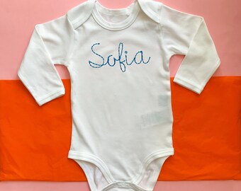 Personalised Large Name Embroidery - Long Sleeved Baby Bodysuit | Custom Newborn Gift