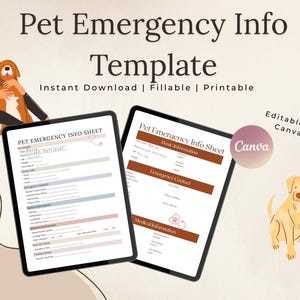 Printable Pet Emergency Info Sheet – Dog, Cat, or Small Pet Medical & Vet Contact Form – Editable Template for Pet Owners or Sitters