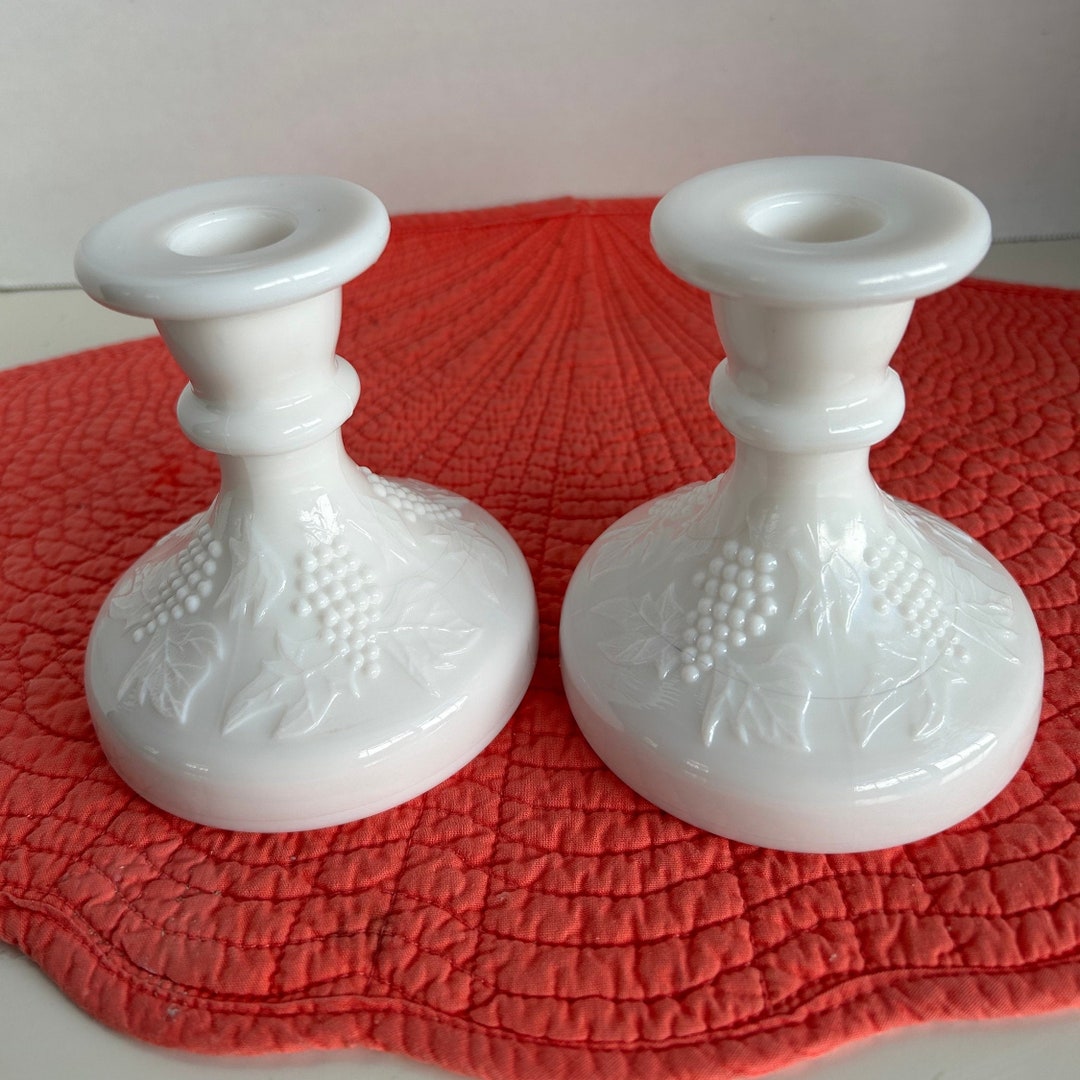 Vintage Milk Glass Candle Holders With Grape Designs Etsy
