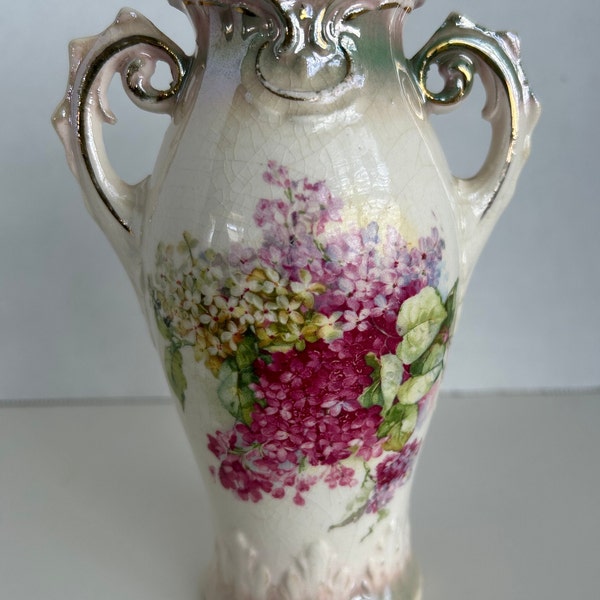 Small Vintage Ceramic Pink Floral Vase with Double Handles