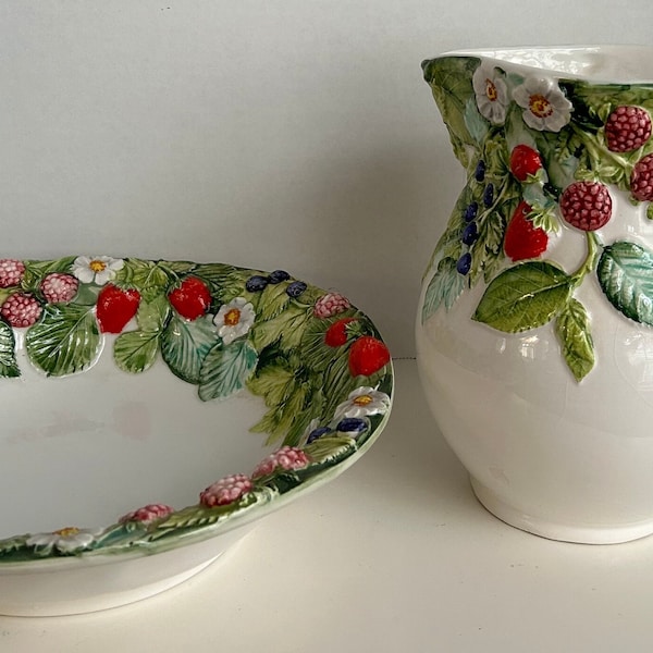 Rare Vintage Ceramiche Artistiche Italian Bowl and Pitcher Decorated with Raised Berries