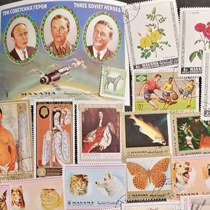 Sellos postales del mundo. Mezcla aleatoria de sellos postales del estado de Manama. Filatelia.