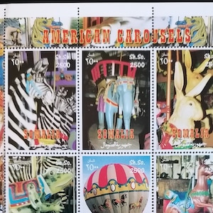 Sellos. Sellos postales de Somalia. Carruseles americanos antiguos. Filatelia