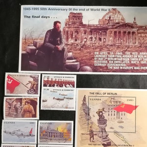 Sellos postales. Recopilación de la Segunda Guerra Mundial. Sellos postales raros. Uganda, Antigua y Barbuda. Filatelia.