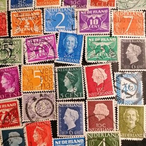 May include: A collection of vintage Dutch postage stamps featuring various denominations and designs. The stamps are in various colors, including red, blue, green, and orange. Some stamps feature portraits of historical figures, while others feature abstract designs.
