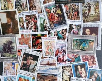 May include: A collection of vintage postage stamps featuring various artwork and designs. The stamps are from different countries and feature a variety of subjects, including religious scenes, landscapes, and portraits. The stamps are in various colors and sizes, and some have been used.