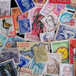 May include: A collection of colorful postage stamps from various countries, including Canada, Poland, Italy, Brazil, Burkina Faso, and the Netherlands. The stamps feature a variety of designs, including portraits, landscapes, and abstract art.