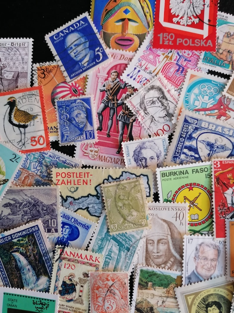May include: A collection of colorful postage stamps from various countries, including Canada, Poland, Italy, Brazil, Burkina Faso, and the Netherlands. The stamps feature a variety of designs, including portraits, landscapes, and abstract art.