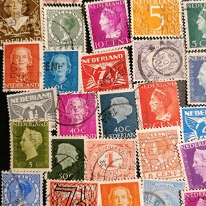 May include: A collection of vintage Dutch postage stamps featuring various denominations and designs. The stamps are in different colors, including red, blue, green, and orange. Some stamps feature portraits of people, while others feature images of birds, flowers, and other designs. The stamps are all in good condition and would be a great addition to any stamp collection.