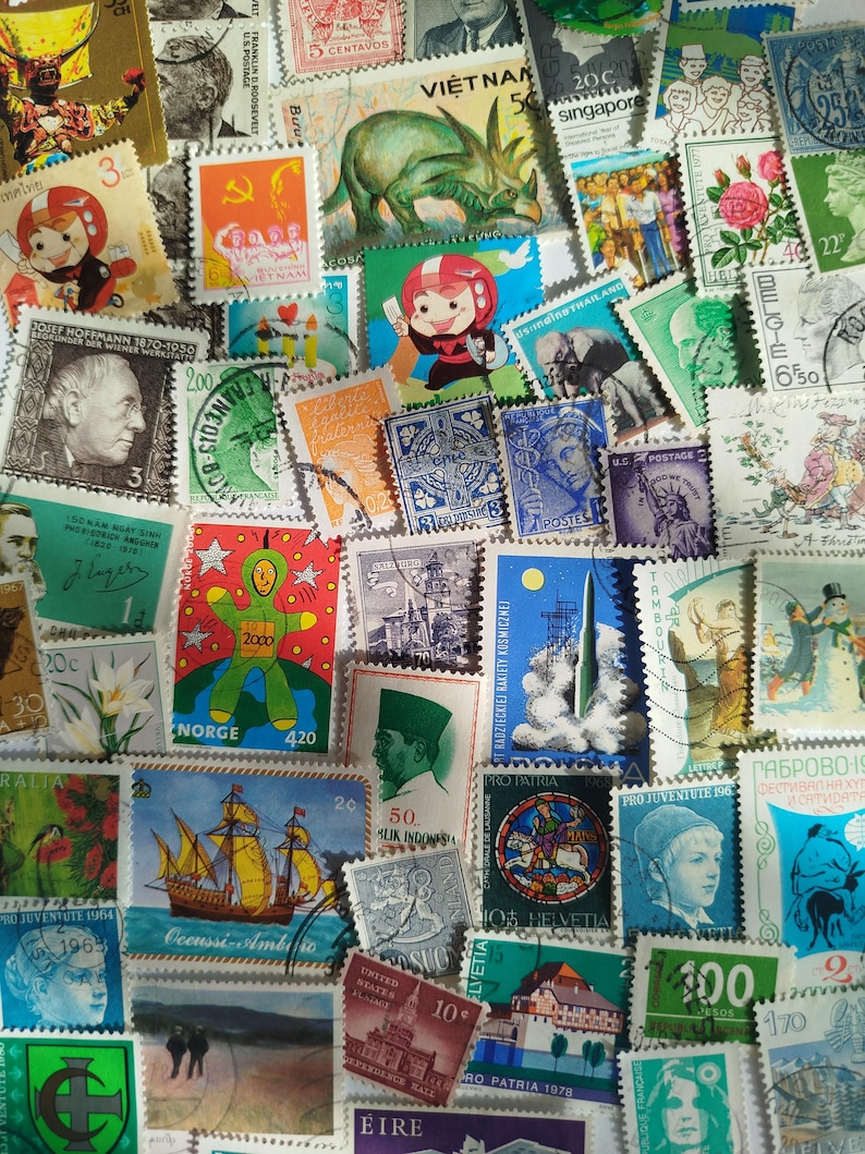 Vintage Postage Stamps Mystery Lot • Random Worldwide Stamps Grab Bag for Collecting, Junk Journaling, Scrapbooking & Crafts • Timbres image 3