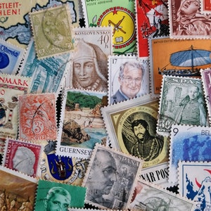 May include: A collection of colorful postage stamps from around the world. The stamps feature various designs, including flags, animals, and historical figures. Some of the stamps are from countries such as Burkina Faso, Spain, and the Netherlands.