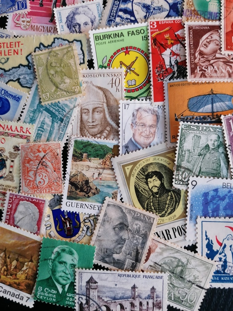 May include: A collection of colorful postage stamps from around the world. The stamps feature various designs, including flags, animals, and historical figures. Some of the stamps are from countries such as Burkina Faso, Spain, and the Netherlands.