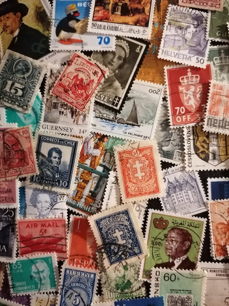 May include: A collection of vintage postage stamps from around the world. The stamps feature a variety of designs, including animals, flags, and portraits. Some of the stamps are in color, while others are in black and white. The stamps are arranged in a random pattern on a black background.