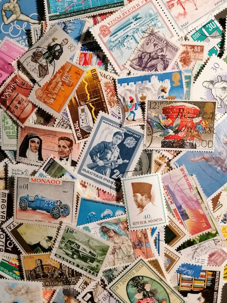 May include: A collection of colorful postage stamps from around the world. The stamps feature a variety of designs, including people, animals, and landmarks. Some of the stamps are from countries such as Monaco, Indonesia, and Sweden.