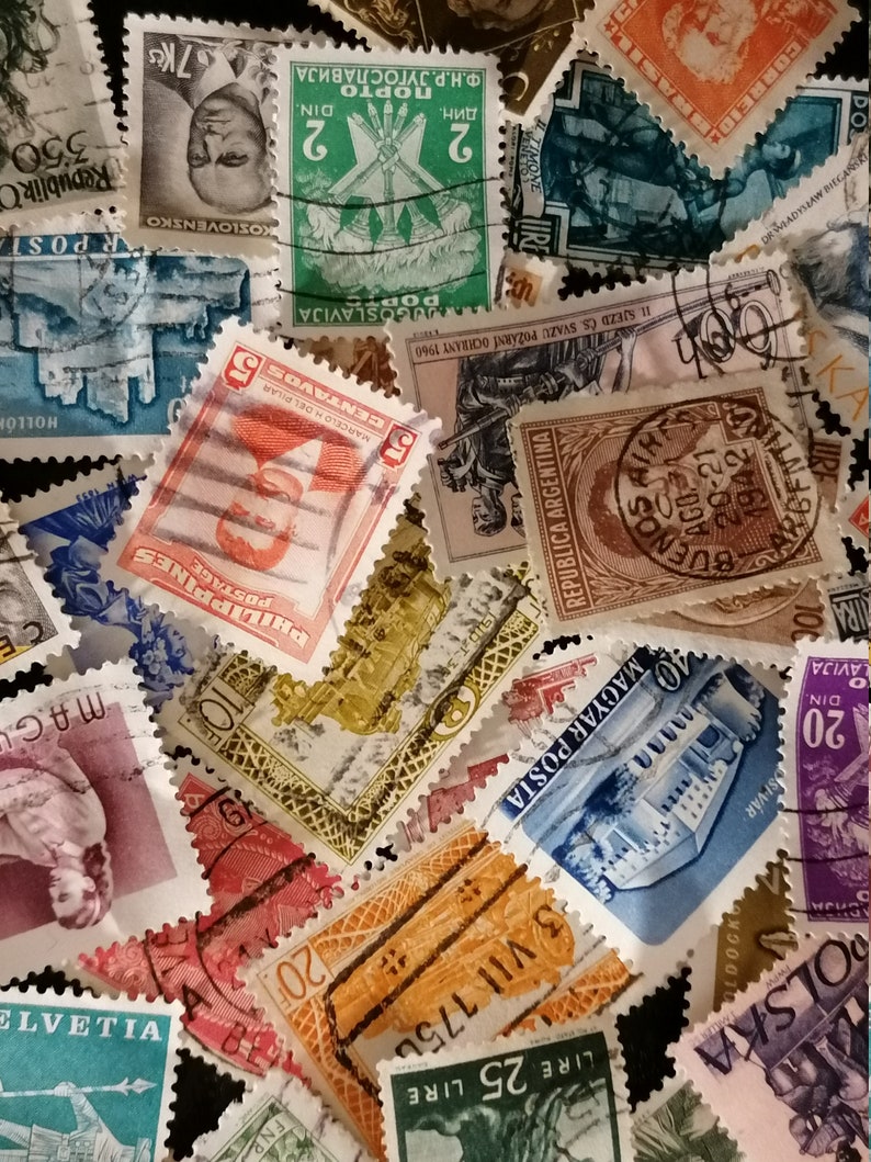 May include: A collection of vintage postage stamps from various countries, including the Philippines, Argentina, Poland, and Yugoslavia. The stamps feature a variety of designs, including buildings, flags, and portraits. Some of the stamps are in color, while others are in black and white.