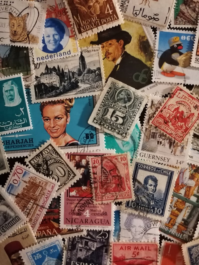 May include: A collection of colorful postage stamps from around the world. The stamps feature various designs, including animals, landscapes, and portraits. Some of the stamps are marked with the text "Magyar Kir&aacute;lyi Posta" and "Correos de Chile".