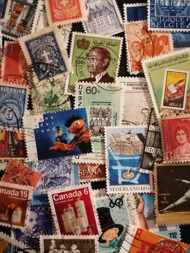 May include: A collection of vintage postage stamps from around the world. The stamps feature a variety of designs, including a Sesame Street character, a building, a candle, and a person. The stamps are in various colors, including red, blue, green, and yellow.