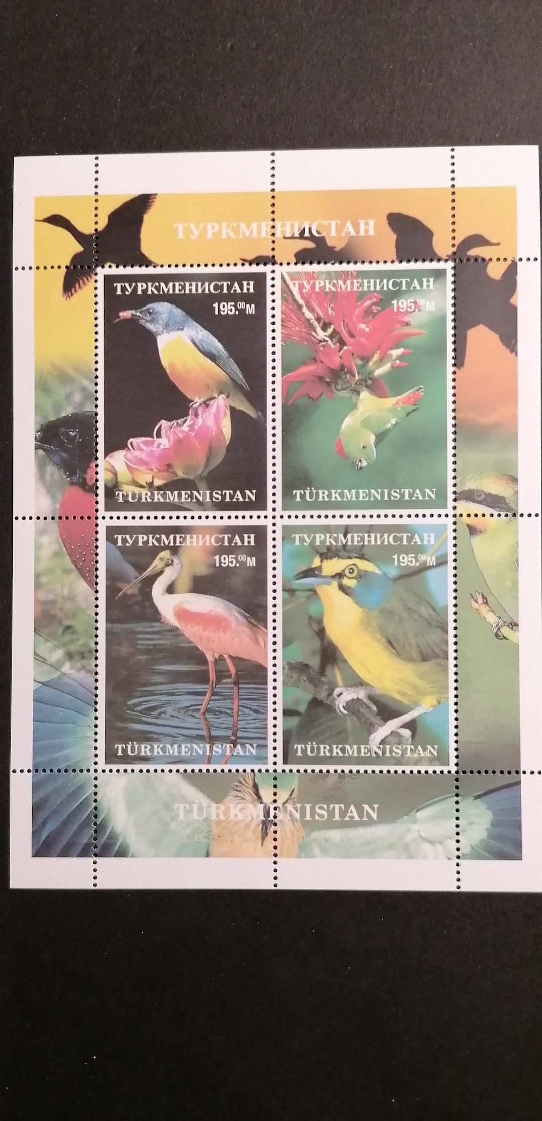 郵便切手。トルクメニスタンの鳥。記念品シート4枚。切手収集。木材