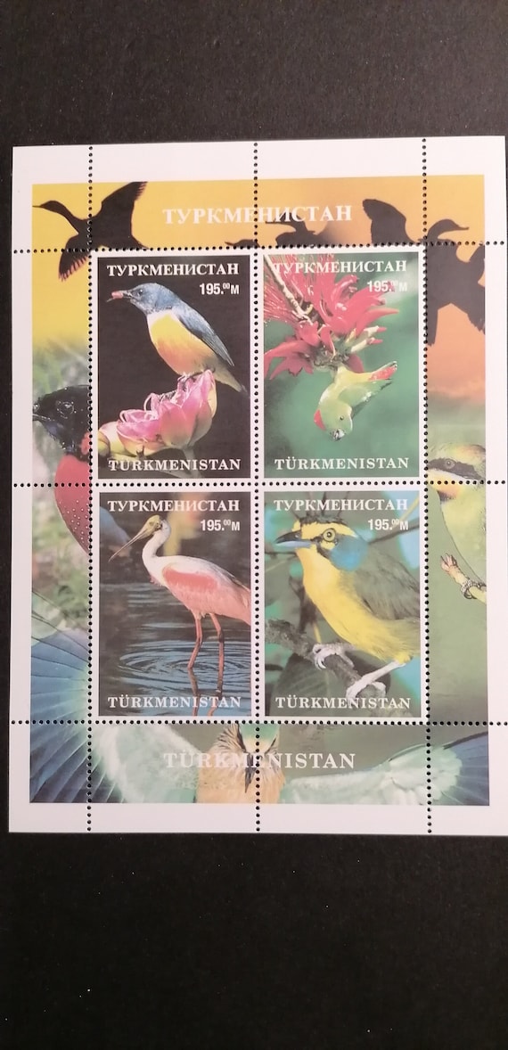 郵便切手。トルクメニスタンの鳥。記念品シート4枚。切手収集。木材
