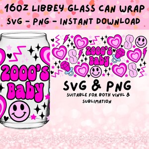 May include: A 16oz glass can wrap design featuring a pink and black pattern with hearts, stars, lightning bolts, and the text "2000's Baby".