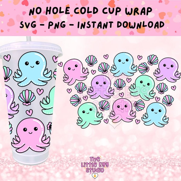 Schattig Octopus SVG, geen gat koude Cup SVG, Octopus koude Cup Svg, Pastel Rainbow koude Cup SVG, 24oz koude Cup Wrap Svg, schelpen koude Cup Svg