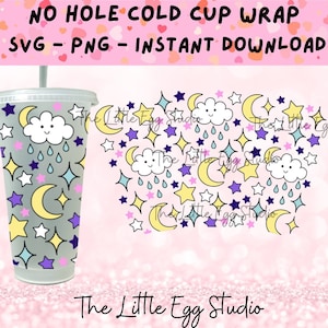 May include: A digital design for a cold cup wrap featuring a repeating pattern of yellow moons, purple stars, blue raindrops, and white clouds with smiling faces. The design is on a pink background with glitter.