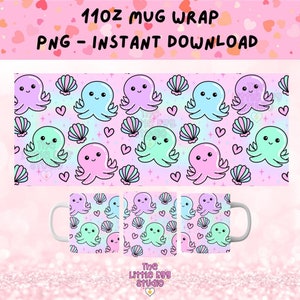 Cute Octopus Mug PNG, Pastel Rainbow Mug Wrap Design, Seashell Mug Wrap PNG, 11oz Mug Sublimation Design, Sublimation PNG for Mugs
