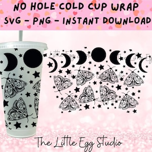 Puede incluir: Un diseño digital en blanco y negro con una fase lunar, estrellas y polillas. El diseño está pensado para ser utilizado como envoltorio para un vaso frío.