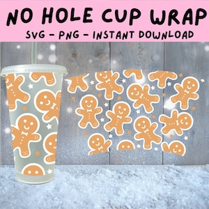 May include: A digital download for a printable cup wrap featuring a repeating pattern of gingerbread men on a grey background with white stars. The text "NO HOLE CUP WRAP" is at the top of the image. The text "SVG - PNG - INSTANT DOWNLOAD" is below the title.