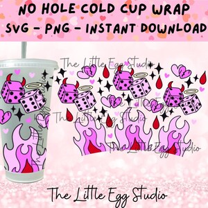 Coupe froide dés roses SVG, Svg ange v diable, Wrap Svg coupe froide sans trou, coupe froide 24 oz SVG, SVG flammes roses, bon v mal Svg Wrap