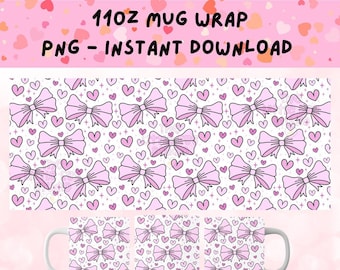 Mug noeuds roses PNG, emballage de tasse 11 oz pour sublimation, sublimation PNG pour tasses, jolie tasse noeuds roses Png, conception d'emballage pour sublimation, fille douce png