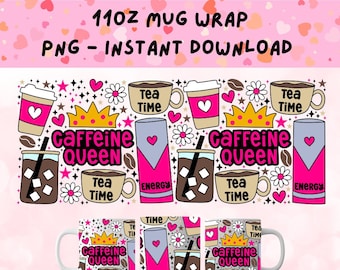 Caffeine Queen Mug PNG, 11oz Mug Wrap for Sublimation, Sublimation PNG for Mugs, Coffee Lovers Mug PNG, Sublimation Wrap Mug Digital Design