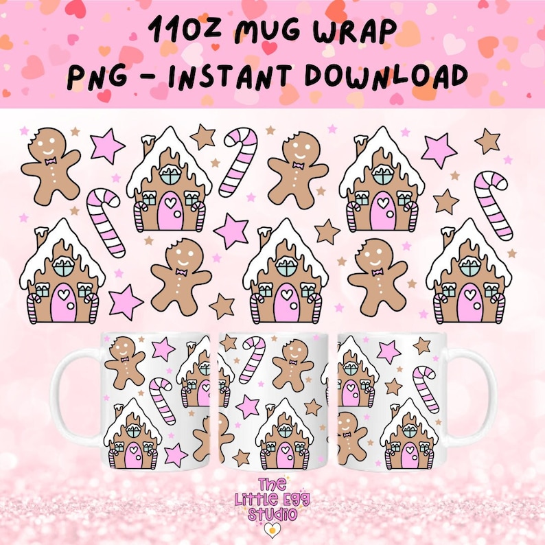 May include: A white 11oz mug wrap with a repeating pattern of gingerbread houses, gingerbread people, candy canes, and stars. The design is in pink, brown, and white.